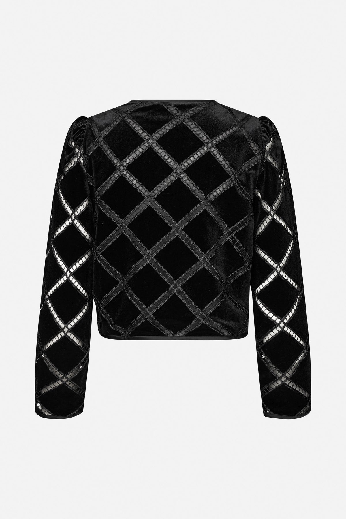 Black long-sleeved cropped top with a tonal diamond lattice pattern and sheer openwork lines, shown from the front.