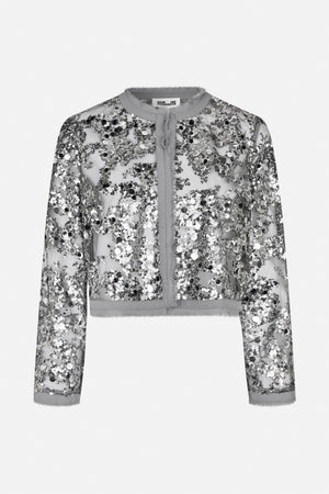 Front view of a cropped long-sleeved jacket covered in silver, black and white sequins, with grey trim and a round neckline.