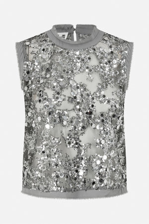 Front view of a sheer grey sleeveless top densely covered in silver sequins, with a high round neckline and fringed edges.