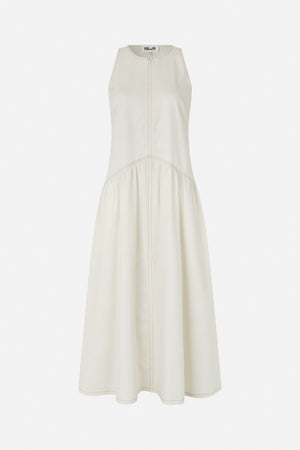 Front view of an ivory sleeveless maxi dress with a round neckline, central seam and curved gathered skirt panel.