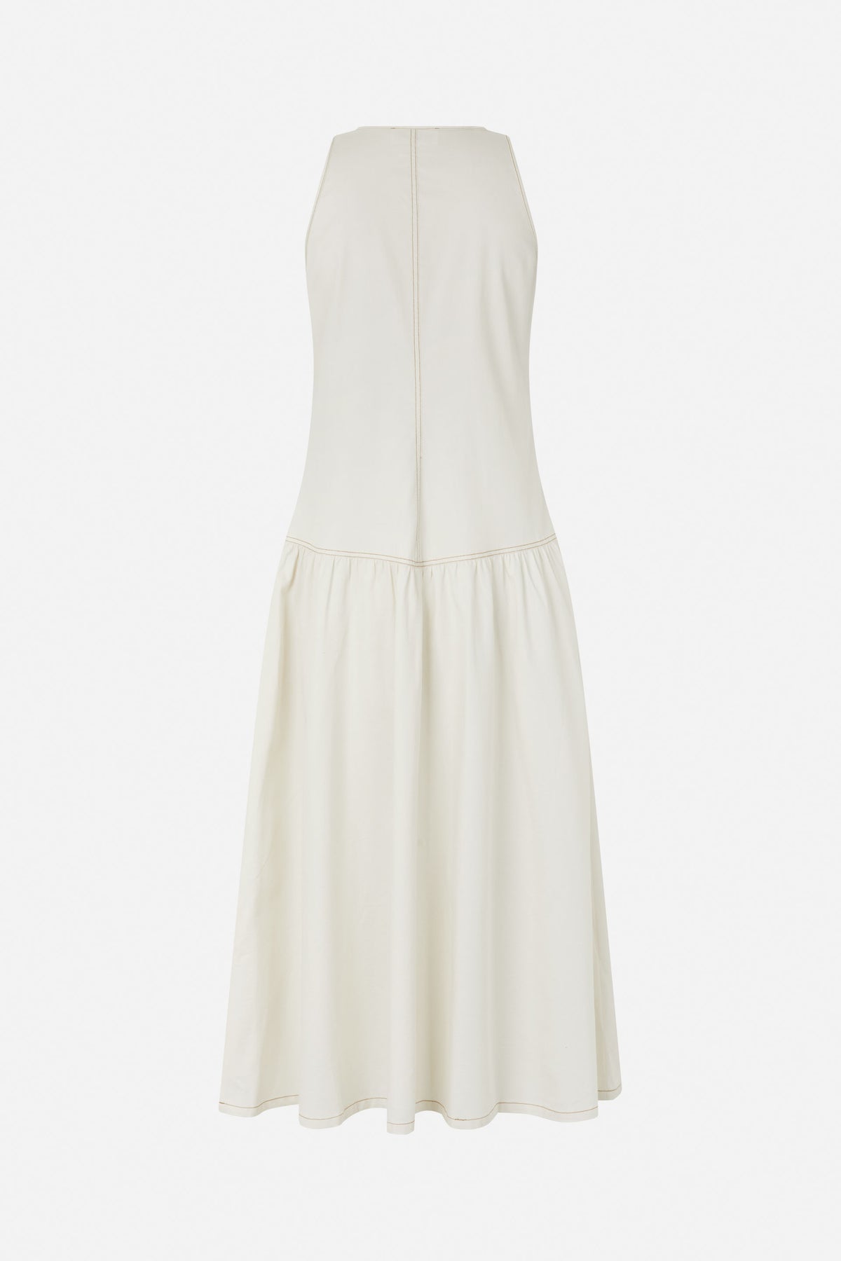 Back view of an ivory sleeveless maxi dress with a central seam, contrast stitching and a gathered lower tier.