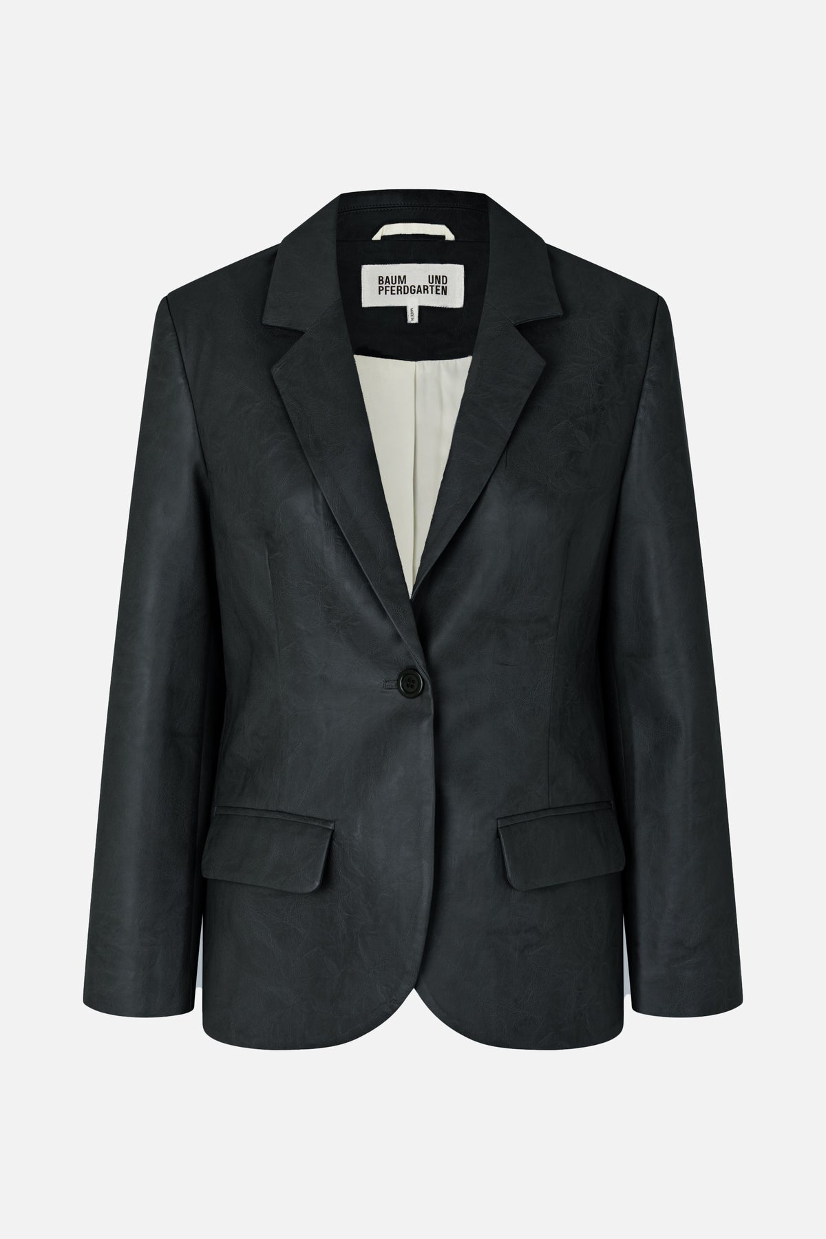 Front view of a black single-button blazer with notched lapels, flap pockets and a subtle crinkled surface.