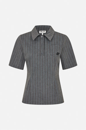 Front view of a grey finely striped, short-sleeved shirt dress with a pointed collar, button front and fitted waist.