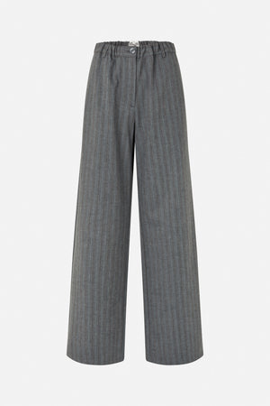 Front view of wide-leg grey trousers with fine vertical pinstripes, belt loops and a button waistband.