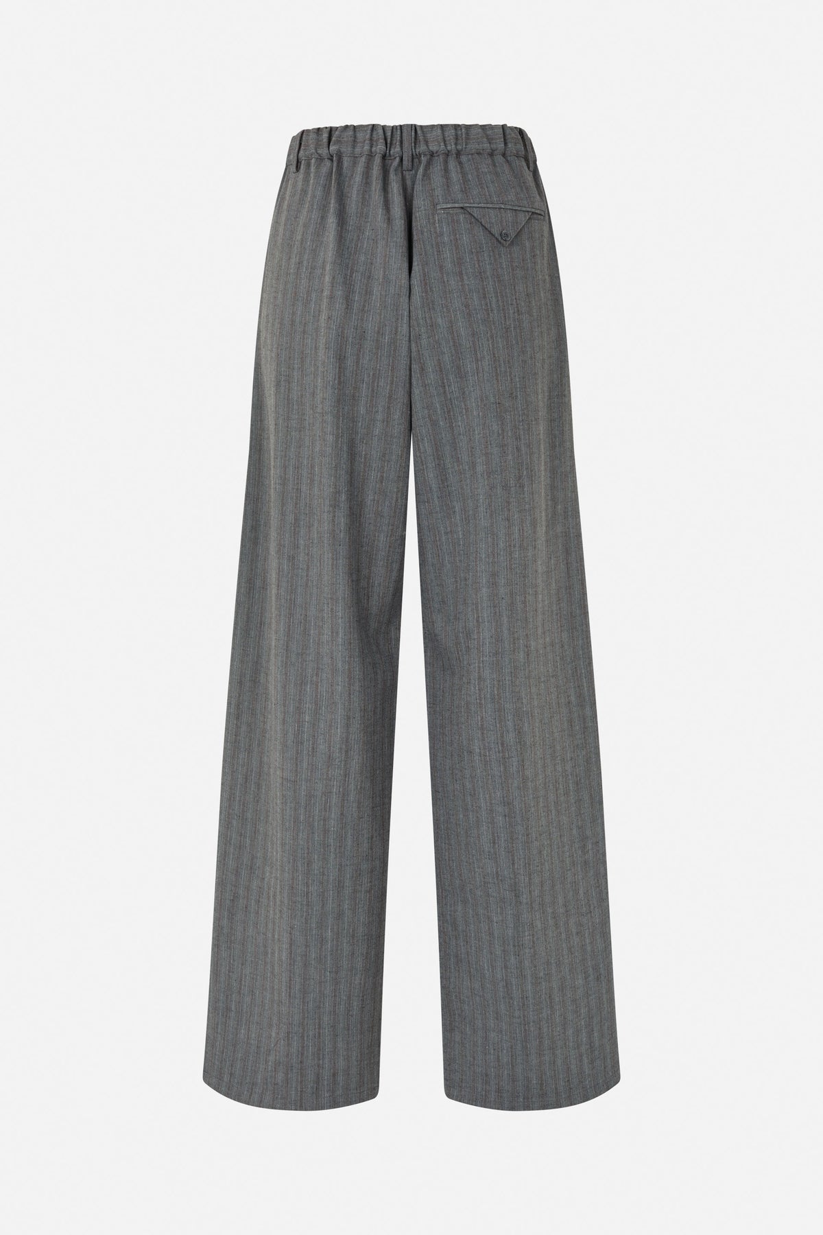 Back view of grey wide-leg trousers with subtle vertical pinstripes, an elasticated waistband and a buttoned welt pocket.