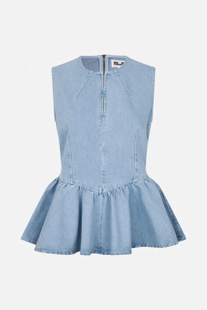Front view of a light blue sleeveless denim dress with a zip neckline, fitted seamed bodice and gathered flared skirt.