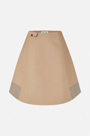 Front view of a tan A-line skirt with brown-and-cream gingham panels at the hem and a buttoned waist tab.