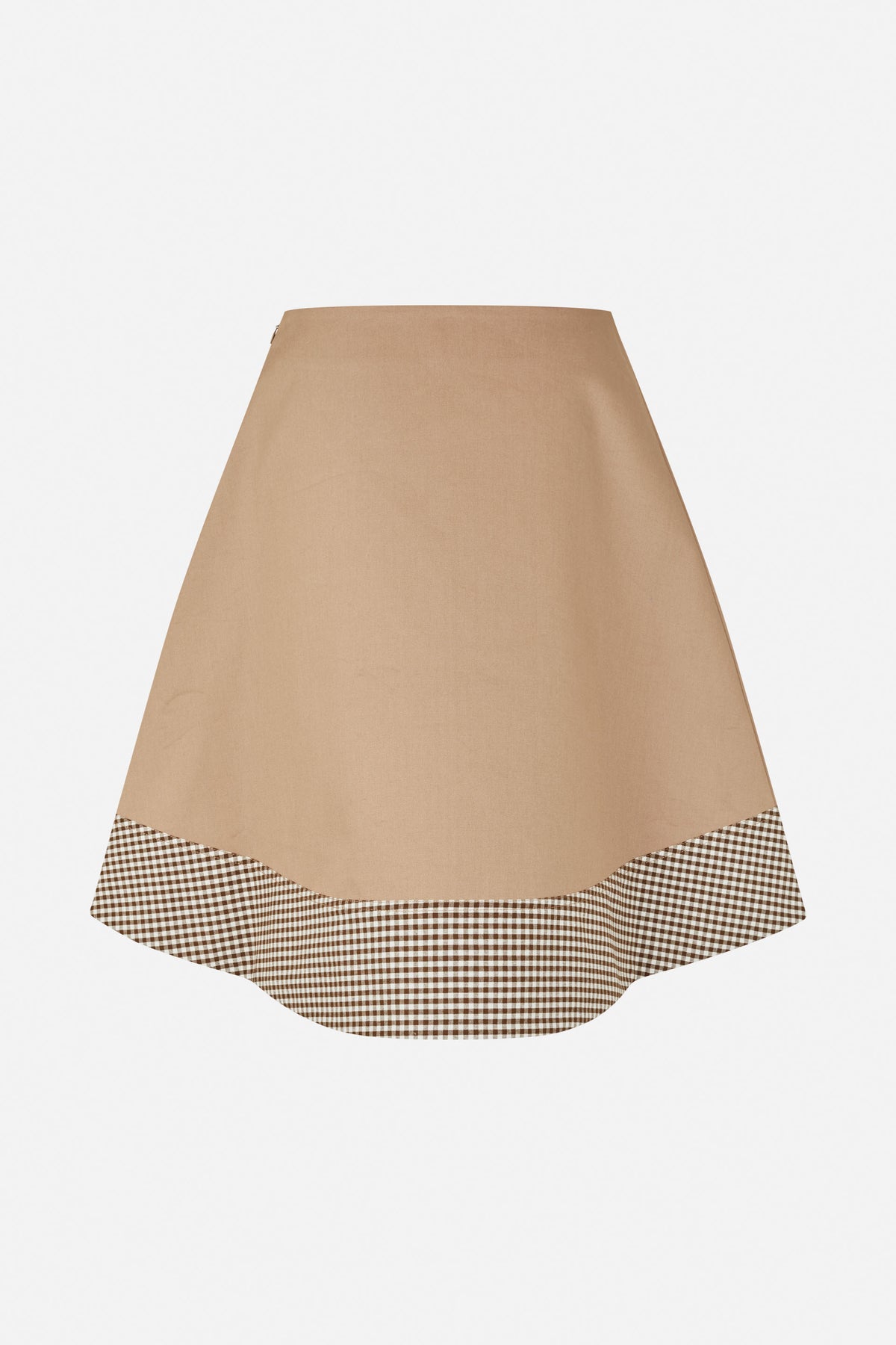 Front view of a tan A-line skirt with a brown and cream gingham panel along the curved hem.