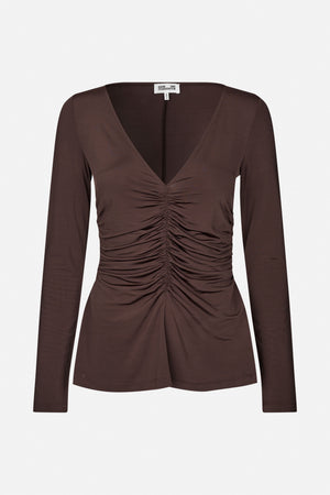 Front view of a dark brown long-sleeve top with a deep V-neck and gathered ruching down the center front.