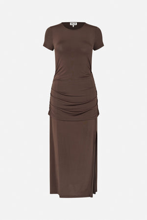 Front view of a dark brown short-sleeved dress with a round neckline and gathered ruching across the hips.