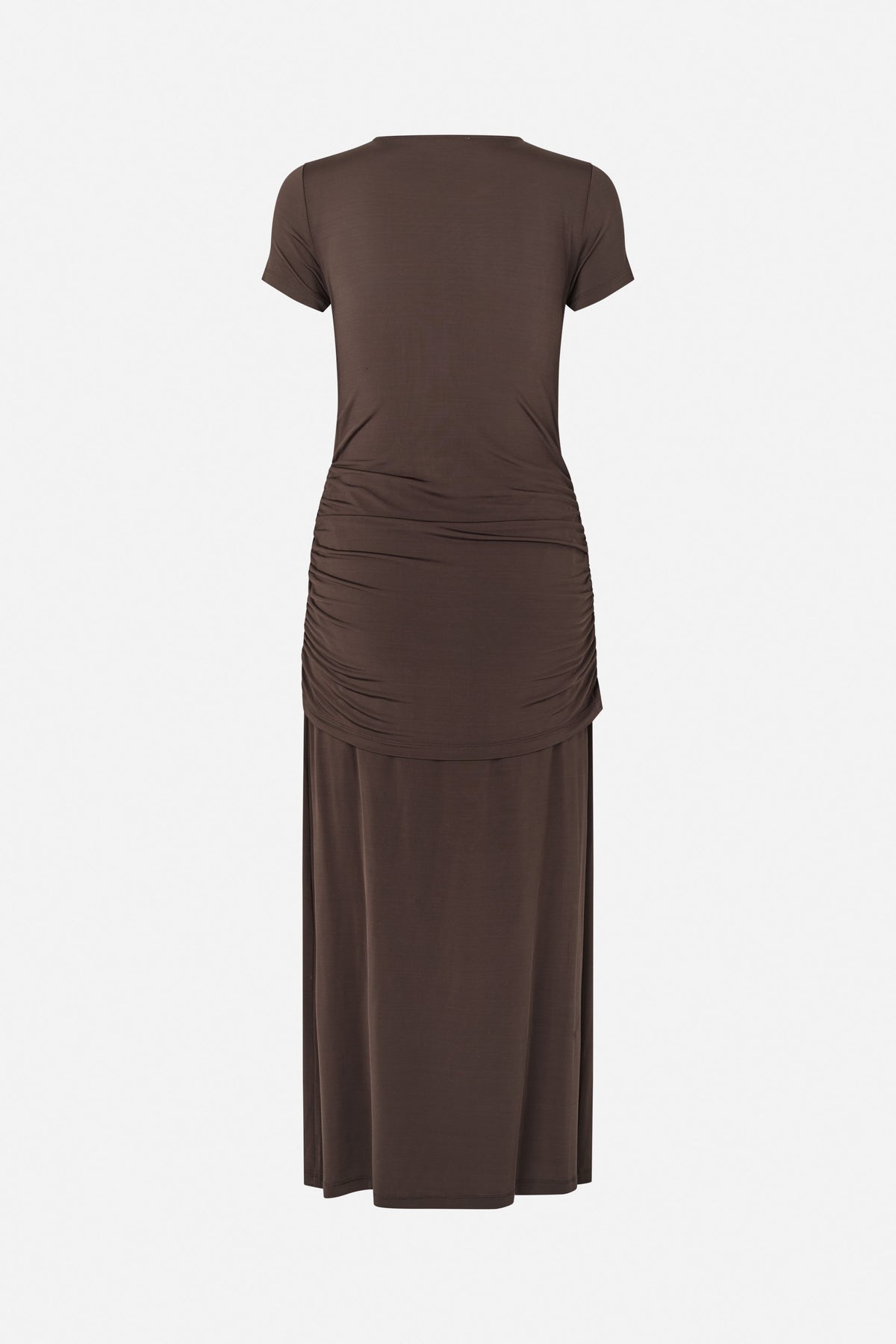 Back view of a dark brown short-sleeved maxi dress with a plain finish and gathered ruching across the waist and hips.