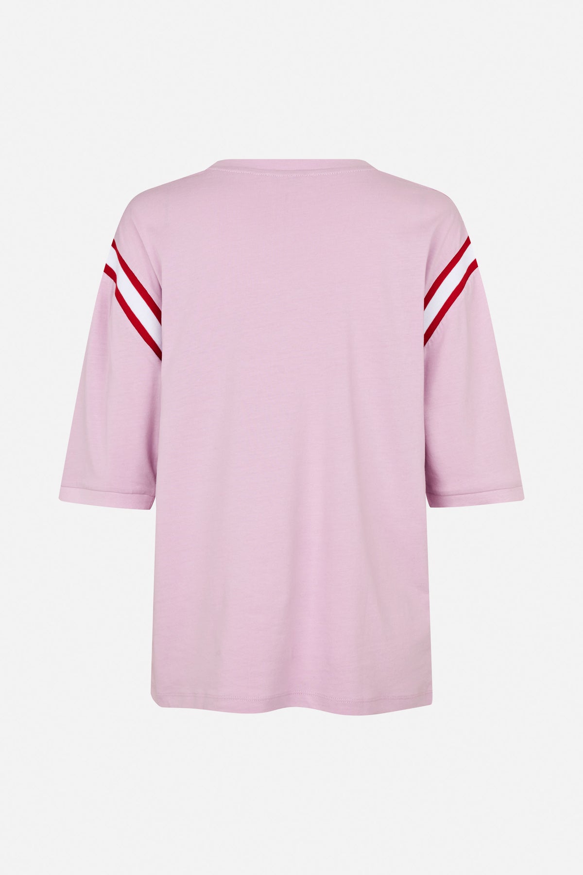 Back view of a light pink short-sleeved T-shirt with red-and-white diagonal stripes across the upper sleeves.
