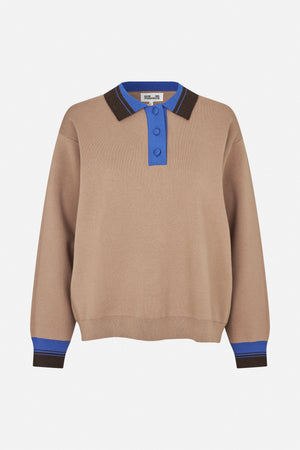 Front view of a beige long-sleeved knit polo with a bright blue button placket and collar, dark brown trim, and striped cuffs.