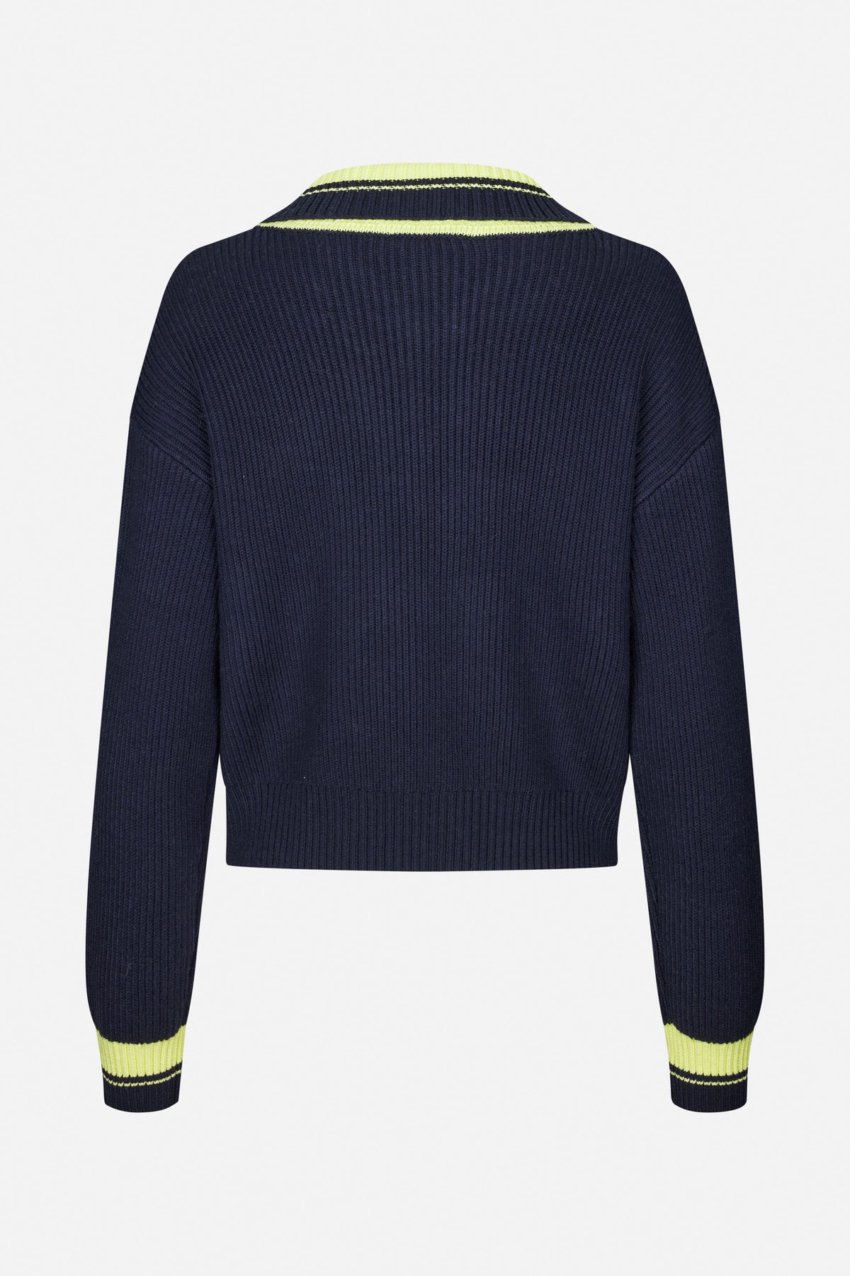 Back view of a navy rib-knit sweater with a high neckline and bright yellow-green striped trim at the neck and cuffs.