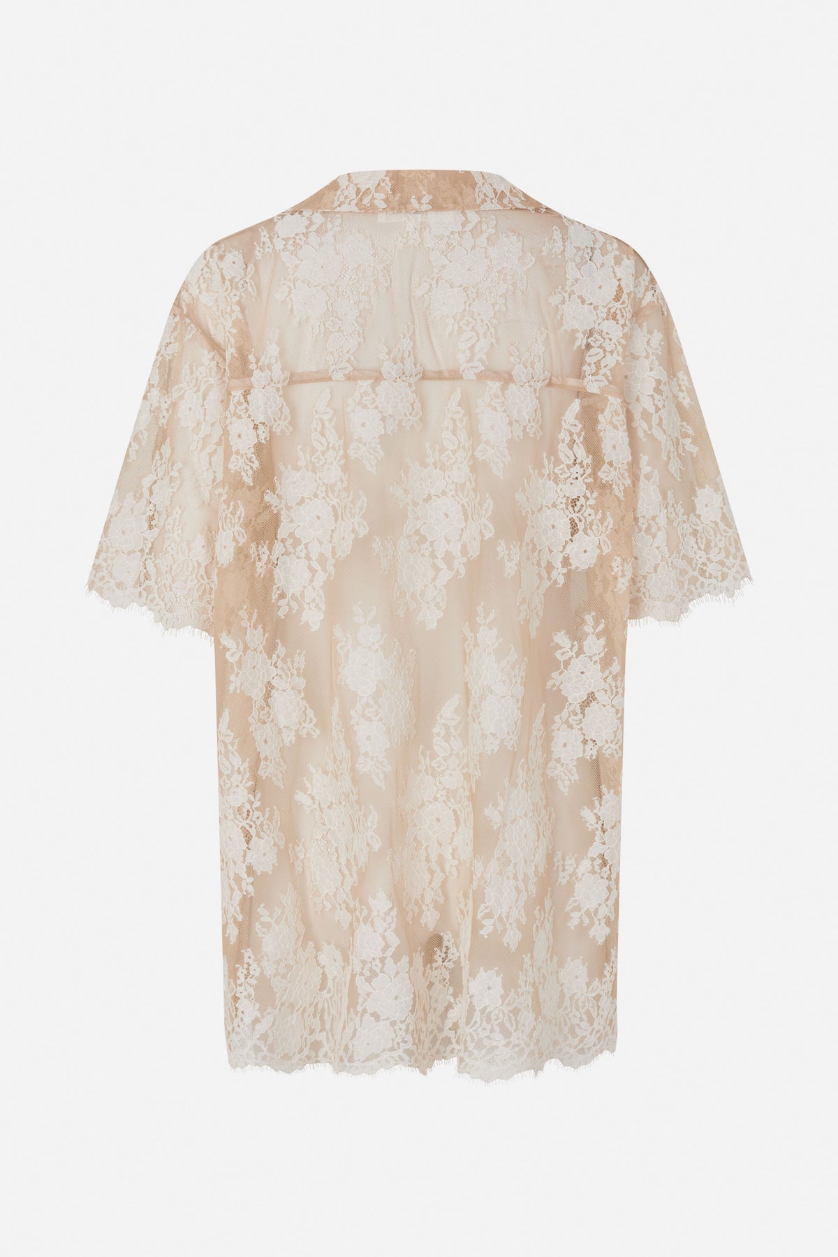 Back view of a long collared shirt in pale beige floral lace, with short sleeves and scalloped edges.