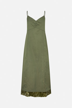 Front view of an olive green spaghetti-strap dress with a ruched V-neck bodice, panel seams and a sequined hem.