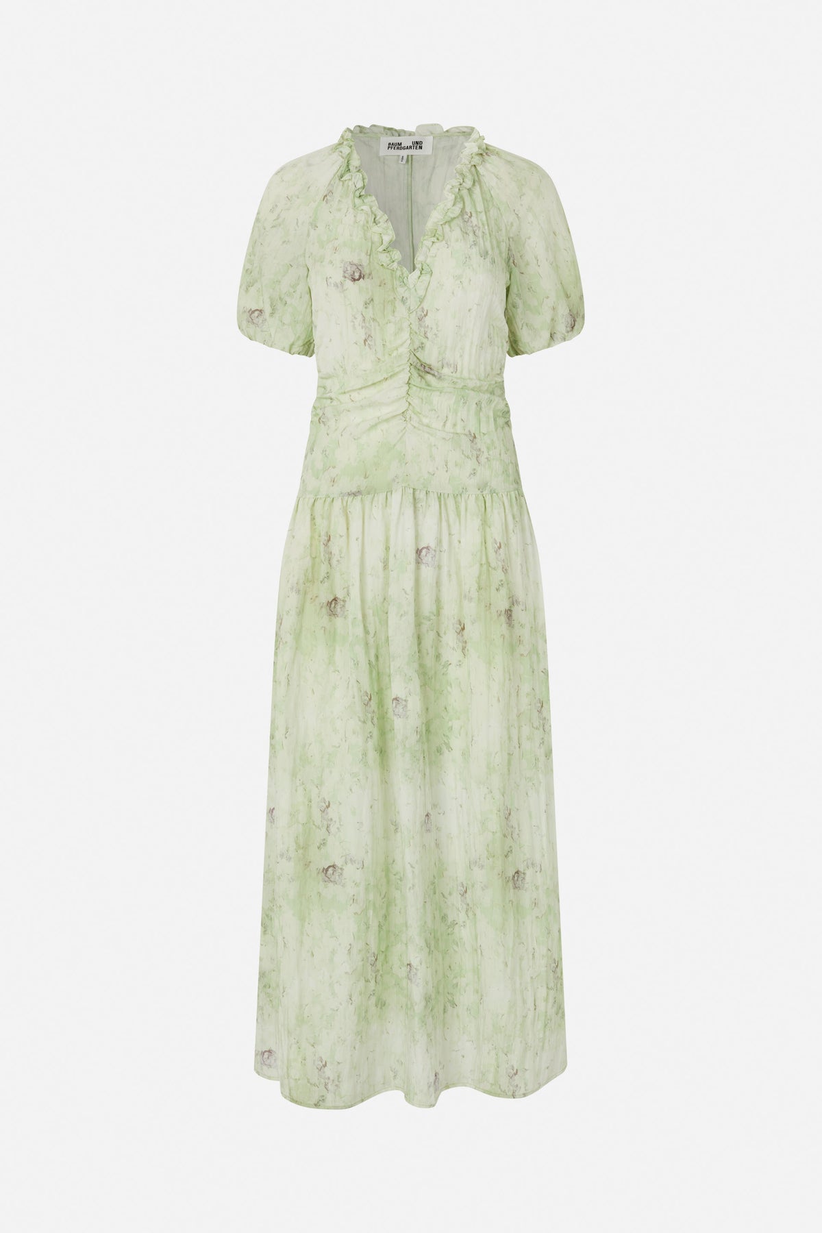 Front view of a pale green floral-print dress with puff sleeves, a ruffled V-neck, gathered waist and long tiered skirt