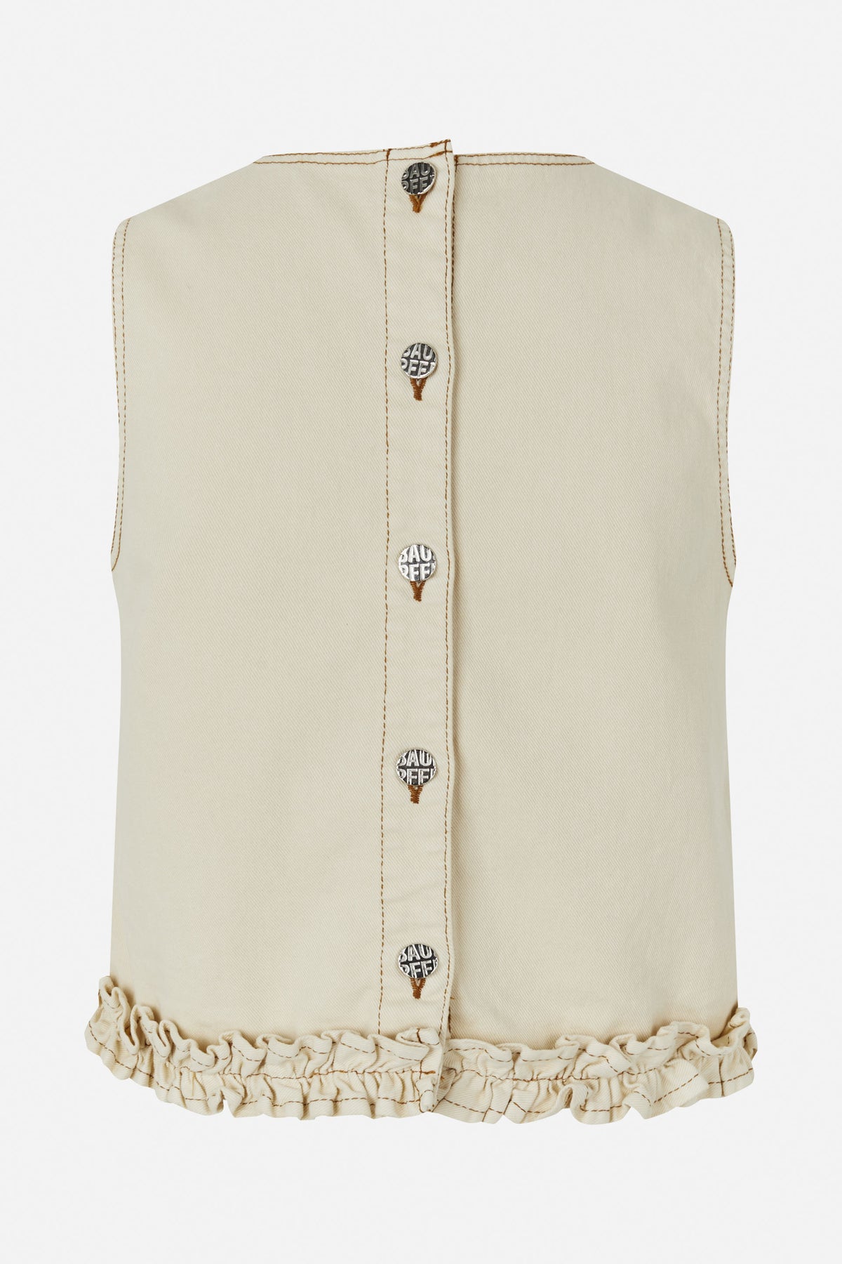 Close-up of a cream sleeveless button-front top with brown contrast stitching and a gathered ruffle hem.