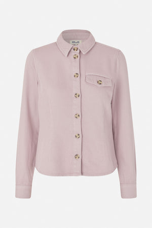 Front view of a pale pink long-sleeved shirt jacket with a pointed collar, button fastening and flap chest pocket.