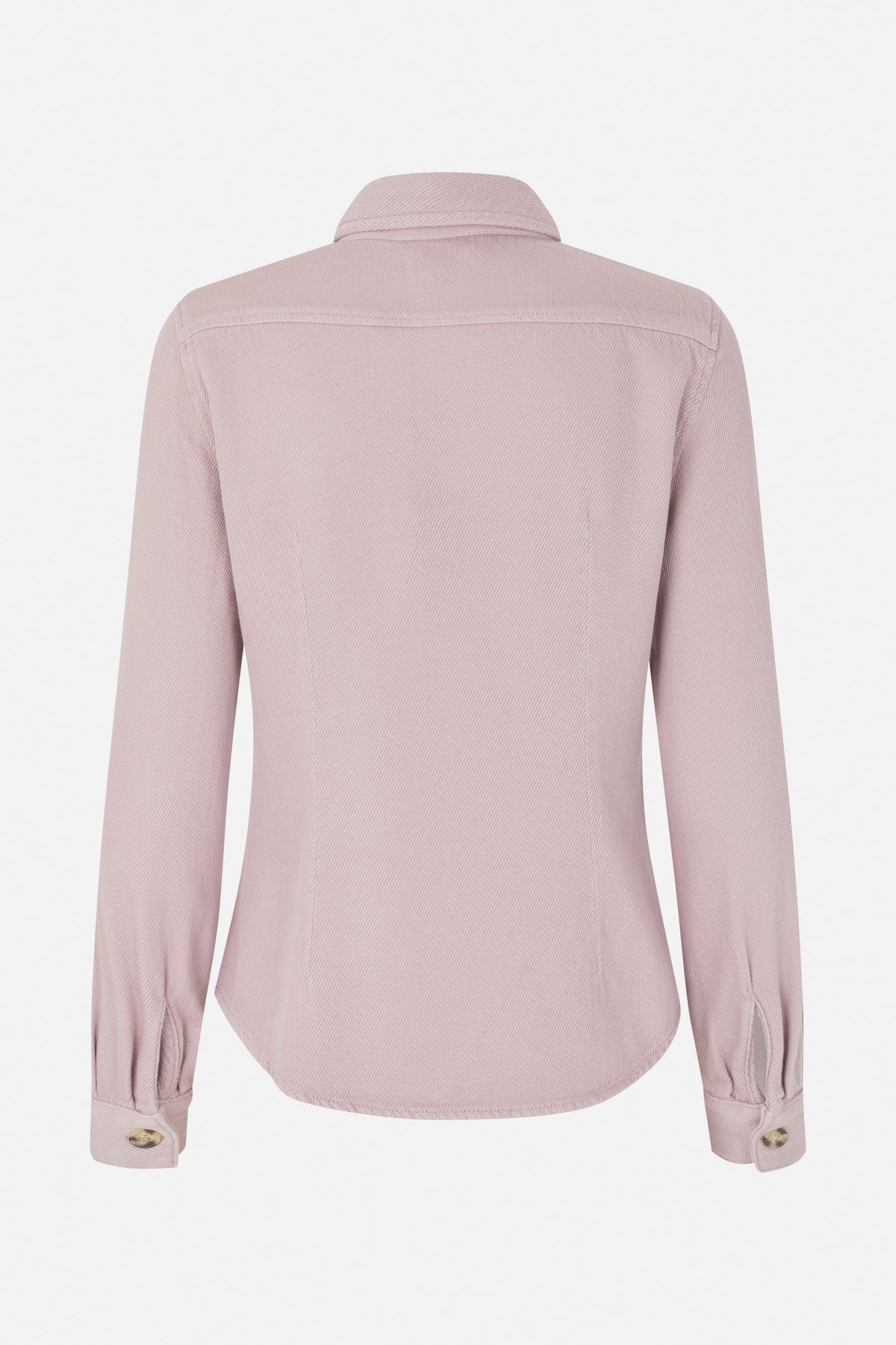 Back view of a pale pink long-sleeved shirt with a pointed collar, shoulder yoke, curved hem and buttoned cuffs.