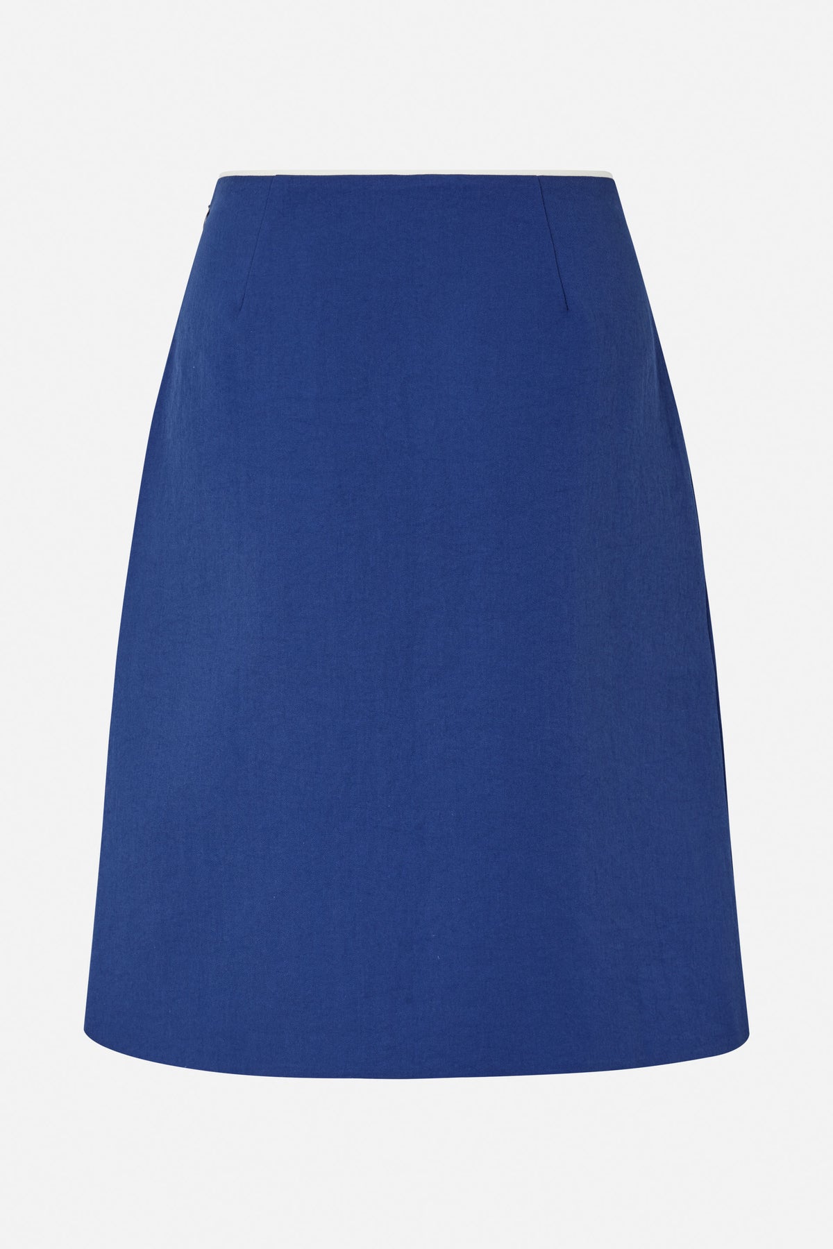 Front view of a solid royal blue A-line skirt with a clean waistband and subtle angled seam details.