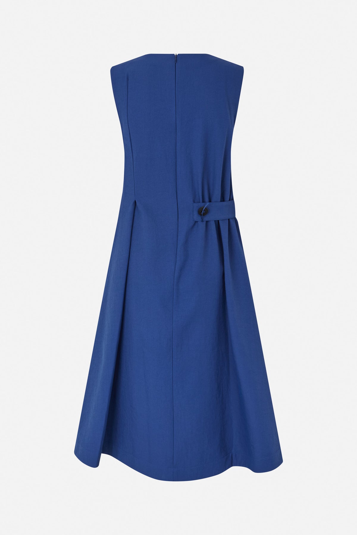 Back view of a cobalt blue sleeveless dress with a center zipper and buttoned waist tab.