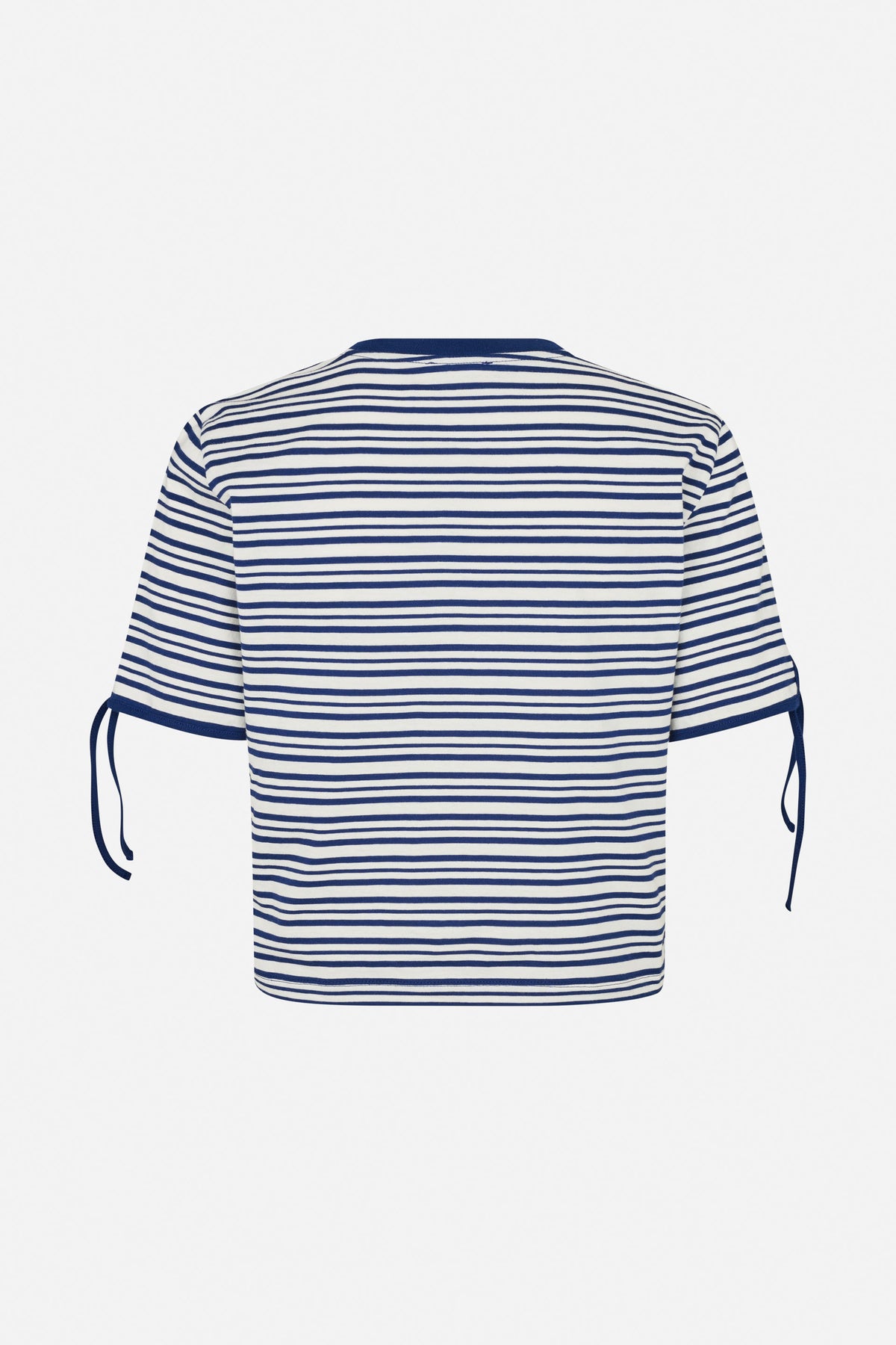 Back view of a white short-sleeved T-shirt with navy horizontal stripes and navy sleeve ties.