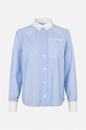 Front view of a light blue pinstriped button-up shirt with a white pointed collar, cuffs and chest pocket trim.
