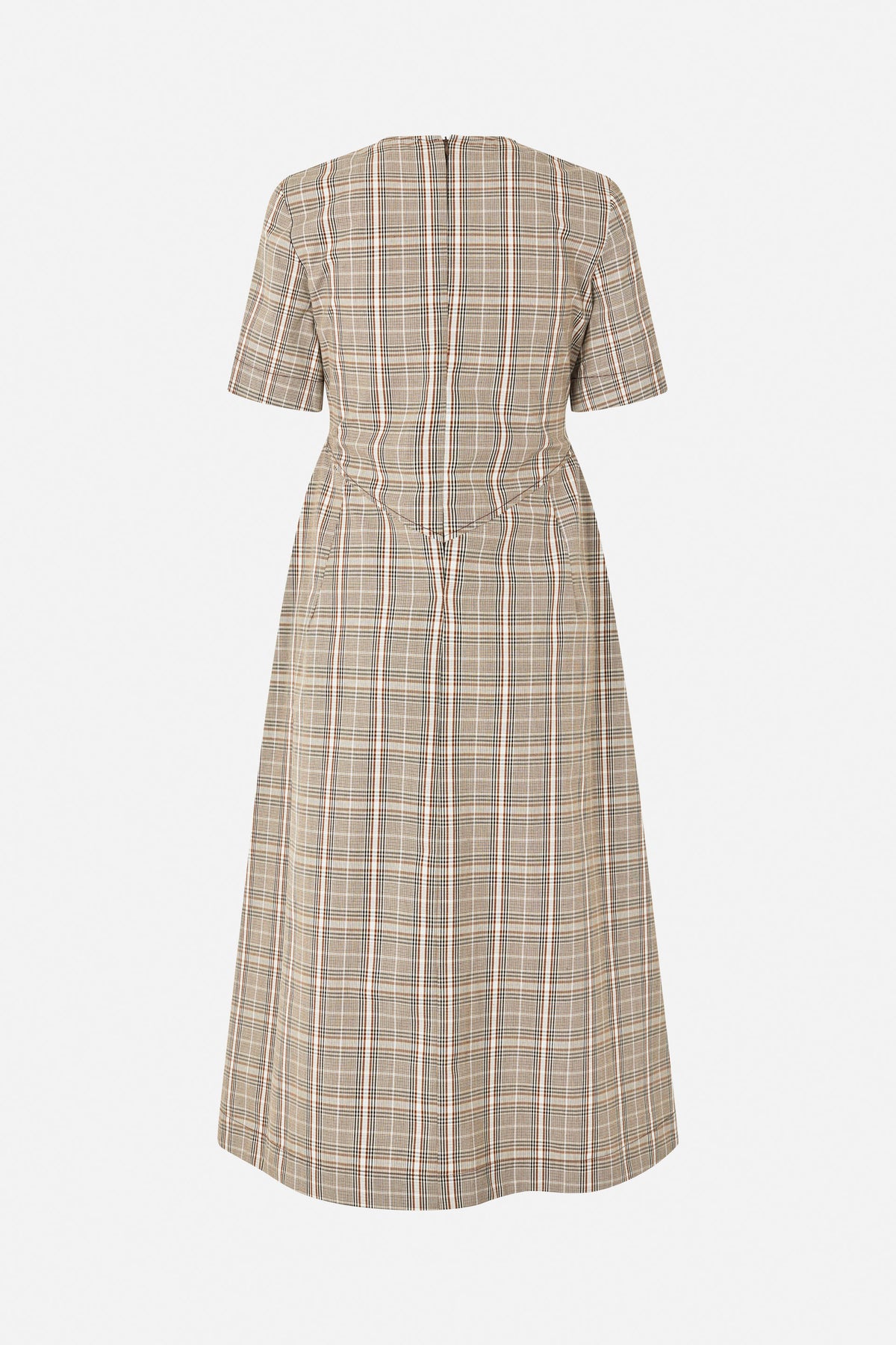 Back view of a beige plaid dress with short sleeves, a fitted waist, flared skirt and centre-back zip.