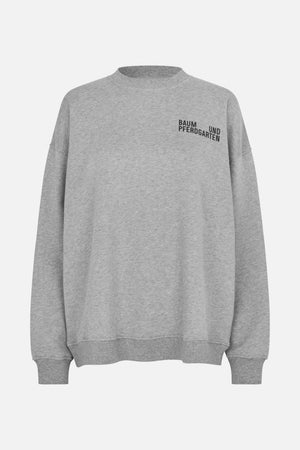 Front view of a light grey crew-neck sweatshirt with ribbed cuffs and hem and a black Baum und Pferdgarten chest logo.